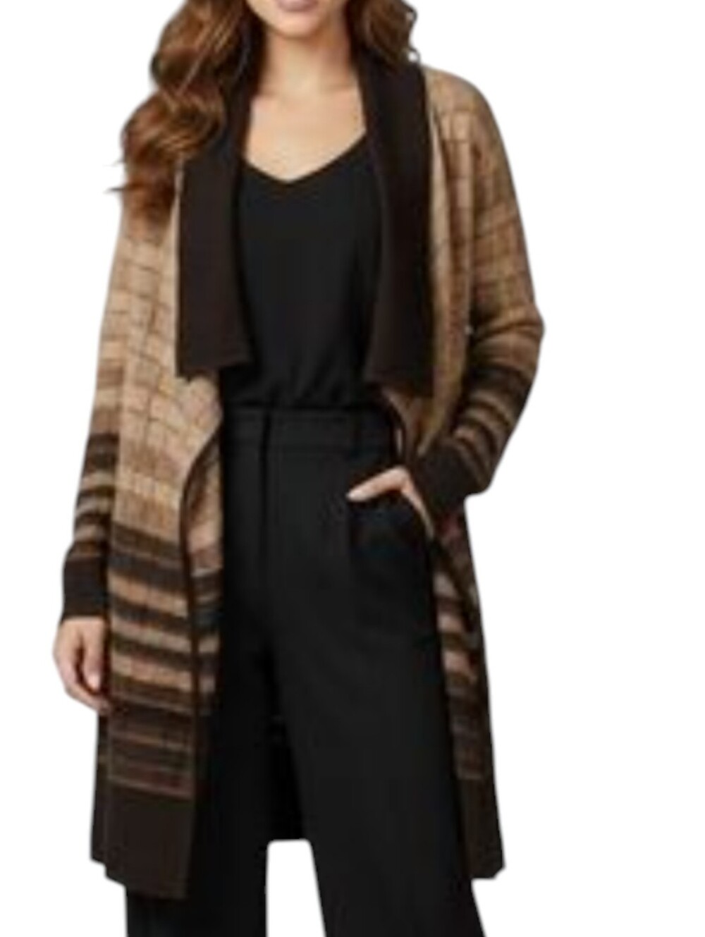 Nic + Zoe Chocolate Brown Striped Open-Front Long Cardigan Duster Sweater Sz M
